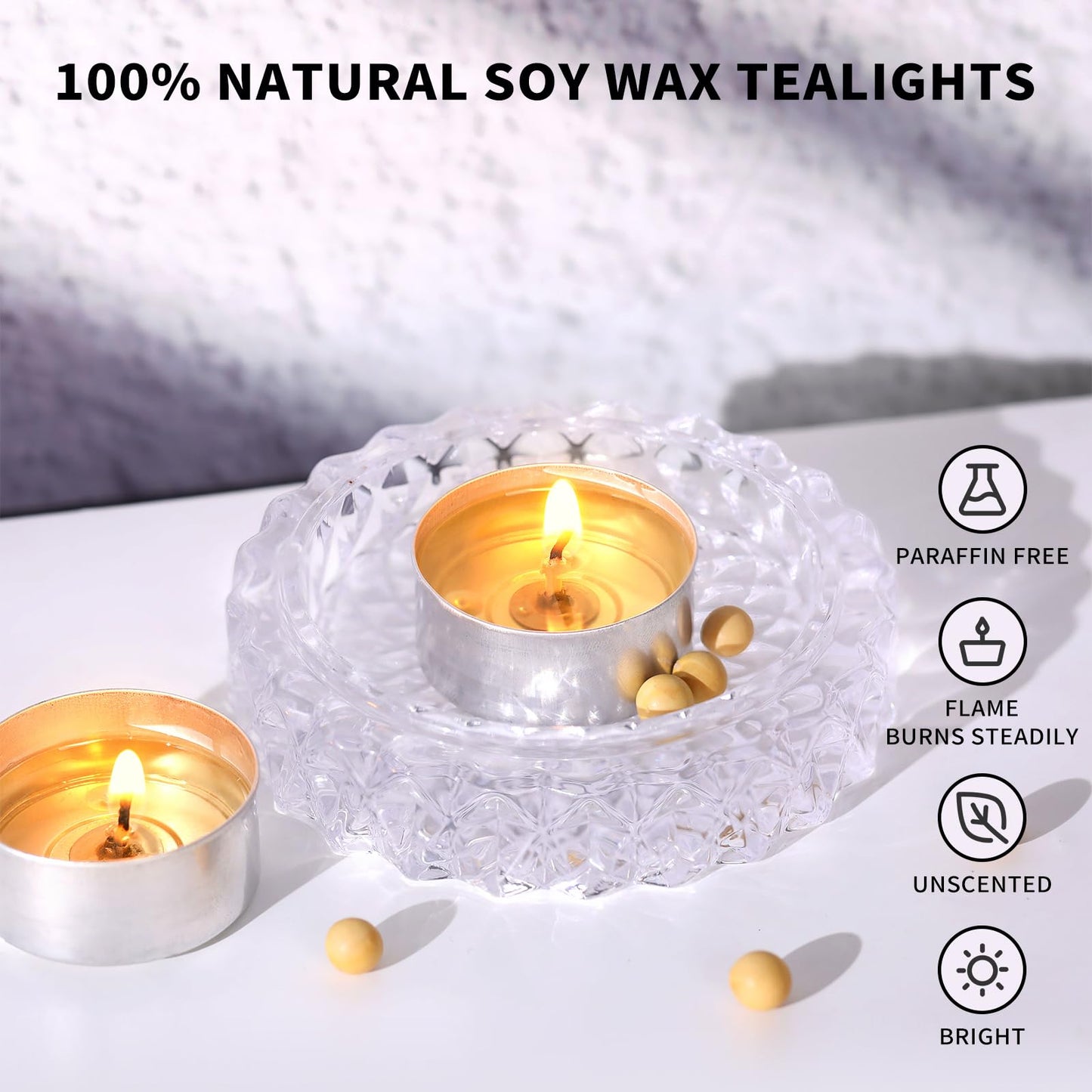 100 Pcs Soy Wax Tealight Candles,100% Natural- 6 Hours Long Burning Soy Tea Lights Candle, Paraffin-Free/Unscented Tea Candles for Party, Home, Wedding, Emergency