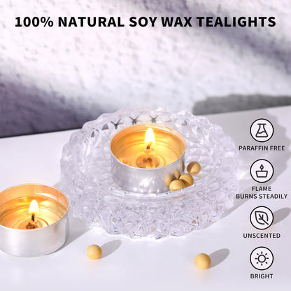100 Pcs Soy Wax Tealight Candles,100% Natural- 6 Hours Long Burning Soy Tea Lights Candle, Paraffin-Free/Unscented Tea Candles for Party, Home, Wedding, Emergency