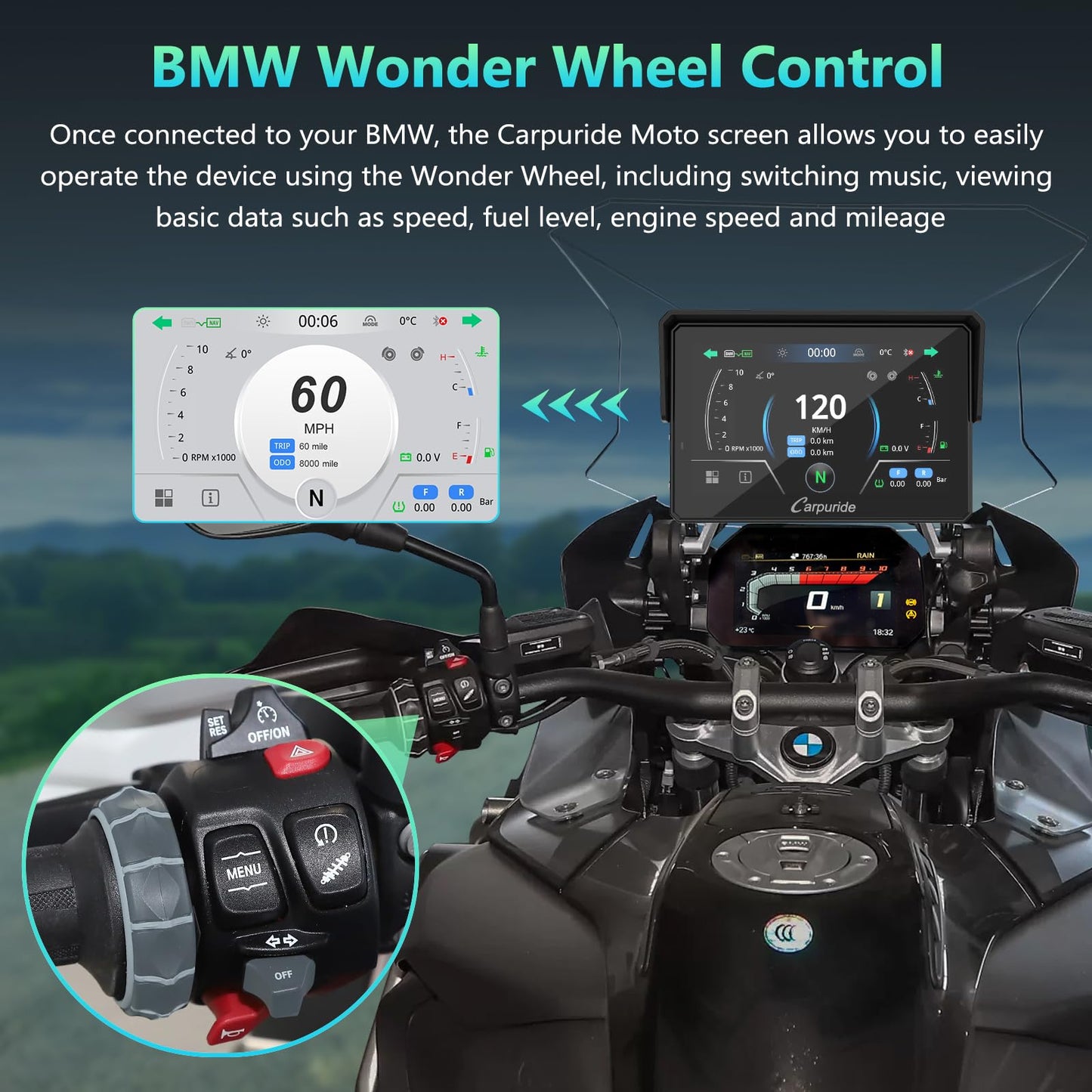 CARPURIDE W502BS for BMW Motorcycle CarPlay & Android Auto Dual Bluetooth, 5" Waterproof GPS Navigation Screen, Data Reading, Native Wonder, TPMS, Light Sensor, Music Sharing, Intercom, 16-Pin