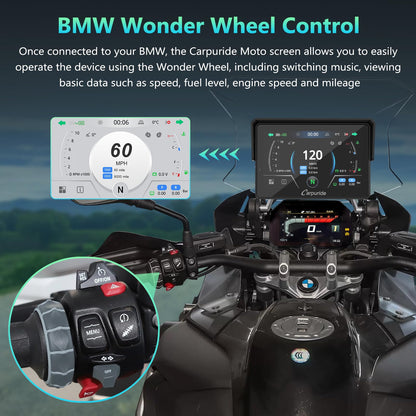 CARPURIDE W502BS for BMW Motorcycle CarPlay & Android Auto Dual Bluetooth, 5" Waterproof GPS Navigation Screen, Data Reading, Native Wonder, TPMS, Light Sensor, Music Sharing, Intercom, 16-Pin