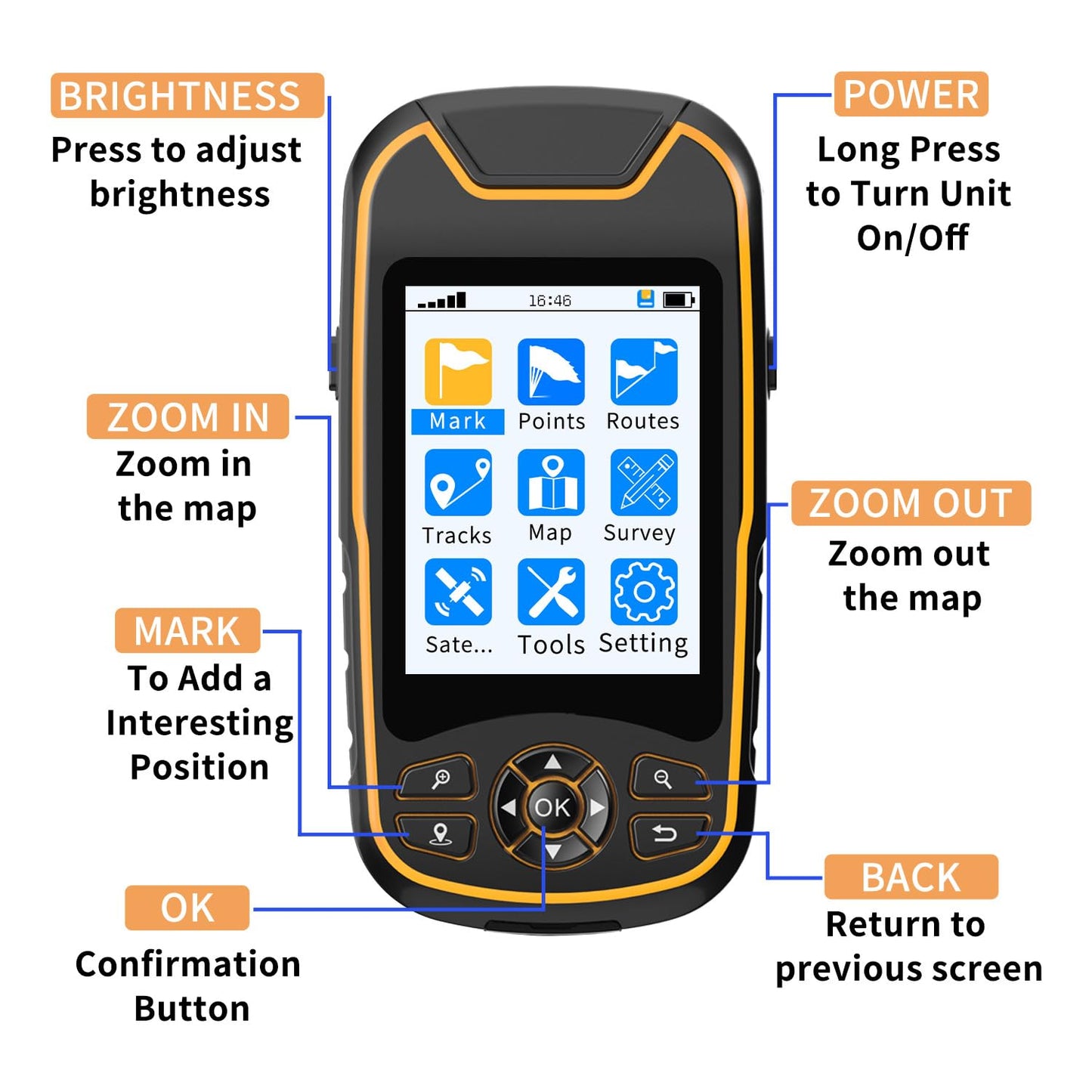 Handheld GPS for Hiking, Rugged and Waterproof Handheld GPS Navigator, 3.2" Sunlight Readable Screen, Compact Satellite Handheld GPS with USA Topo Map, Multi-GNSS Support, Extra Battery Life