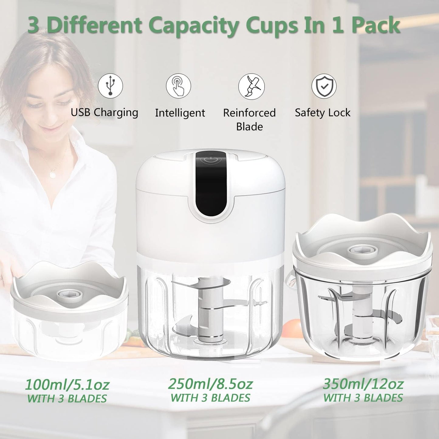 250ML Electric Garlic Chopper, Mini Portable Veggie Choppers, Garlic Grinder Masher Onion Chopper, Blender to Vegetable, Wireless Food Processor for Ginger, Chili, Fruit, Meat, etc
