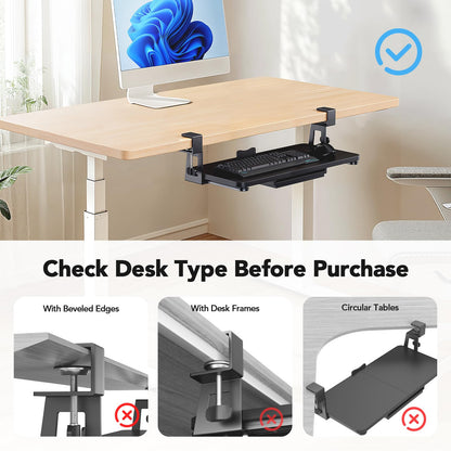 HUANUO Large Under Desk Keyboard Tray with Sturdy C-Clamp Mount, 26 (30.16" Including Clamps) x 12 inch Slide-Out Platform Computer Desk Heavy Duty Keyboard Tray with Storage Drawer for Typing, Black