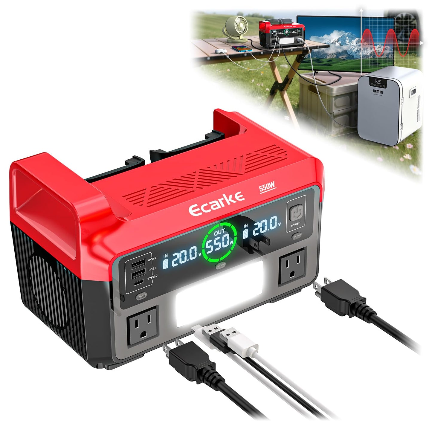 Ecarke 550W Portable Power Inverter Compatible with Milwaukee 18V Battery, DC 18V to AC 110V Pure Sine Wave Power Station 2 AC Outlets, 2 USB-A&1 USB-C 20W, 600LM LED Outdoor Emergency Use (Tool Only)