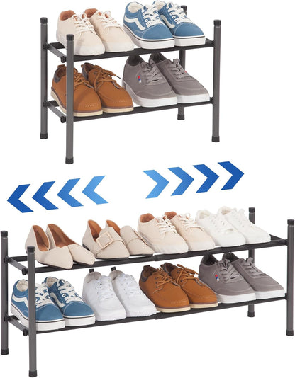 Storage Maniac Expandable Shoe Rack - 8 Pairs Stackable Metal Organizer for Closet & Entryway | Black 2-Tier