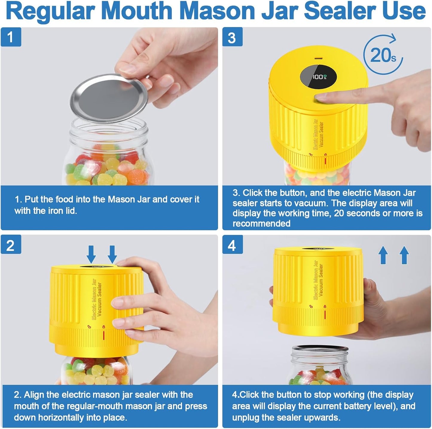 LOVE MOMENT Electric Mason Jar Vacuum Sealer Kit - Ideal for Wide & Regular Mouth Jars - Yellow