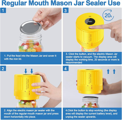 LOVE MOMENT Electric Mason Jar Vacuum Sealer Kit - Ideal for Wide & Regular Mouth Jars - Yellow