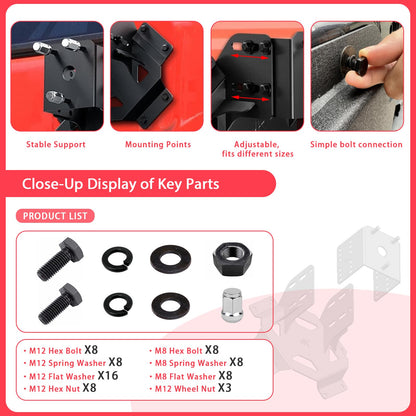 KLYONA for JK JKU up to 37 Inches Spare Tire Carrier Compatible with 2007 2008 2009 2010 2011 2012 2013 2014 2015 2016 2017 2018 Jeep Wrangler JK JKU Unlimted Width-Adjustable Spare Tire Lift Holder