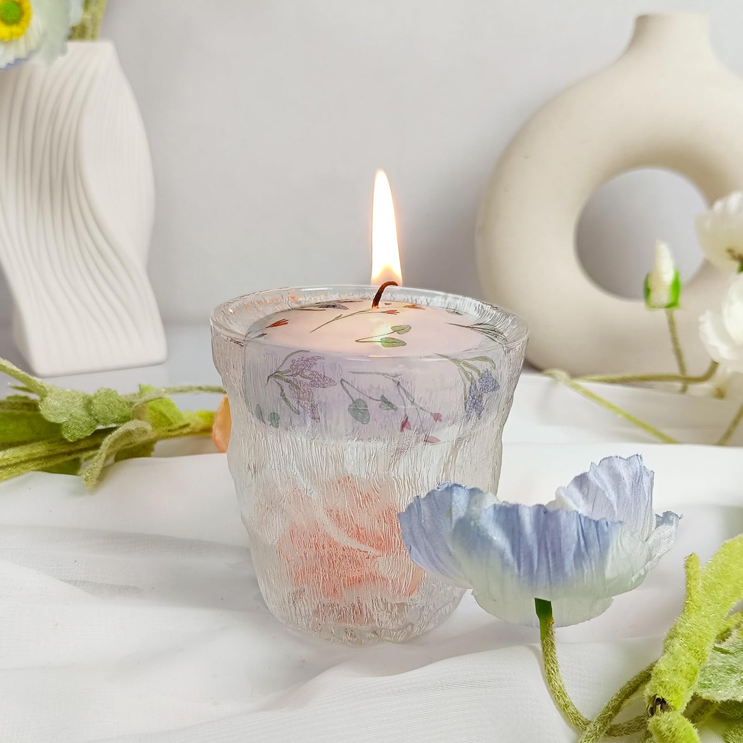4 Pack Print Floating Candles 2 inch Floral Floating Candle with 2 Pearl String Unique Unscented for Centerpieces Wedding Christmas Lights Romantic Night (Hyacinth Flower Pattern)