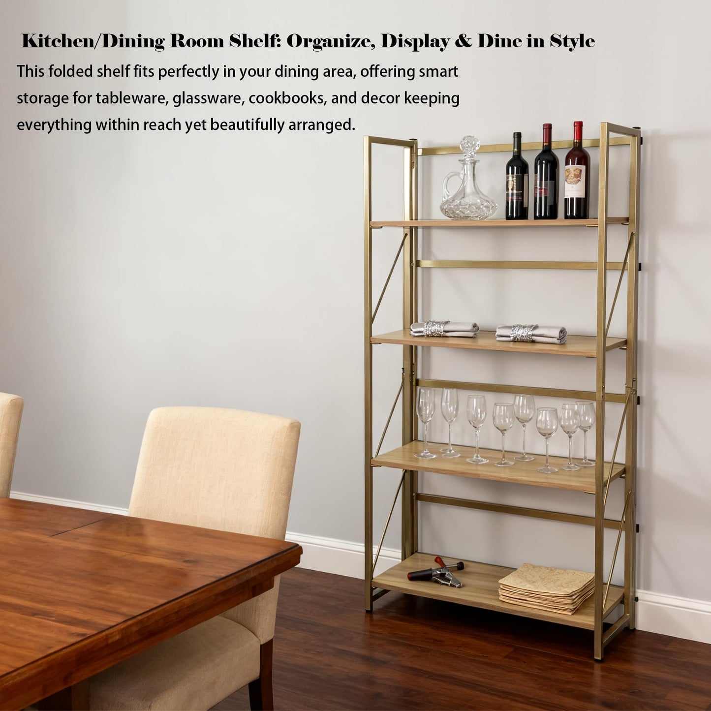Kogven Folding Bookshelf, 2-in-1 Convertible Design, Multifunctional Plant Stand Storage Rack Shelves for Home Office, Easy Assembly, 4-Tier,Gold & Nature Wood