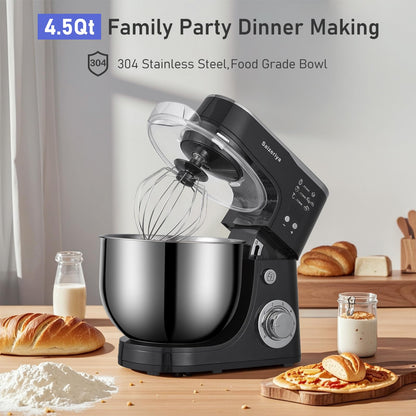 Electric Stand Mixer, 4.5QT 6-Speeds Electric Food Cake Mixer, 800W Dough Mixer Tilt-Head Electric Stand Up Mixer with Stainless Steel Bowl, Dough Hook, Mixing Beater and Whisk, Splash Guard, Black