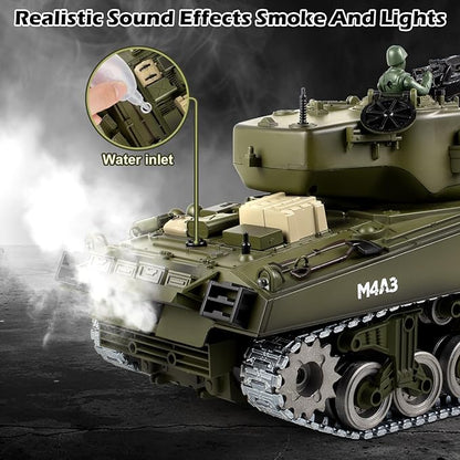 1:18 RC Tank for Adult and Kid 2.4G US M4A3 Sherman Alloy Metal Tracks Model Toys RC Vehicle Tank That Shoots BBS with Smoke Lights Sound Military Army Toys with 2 Rechargeable Battery