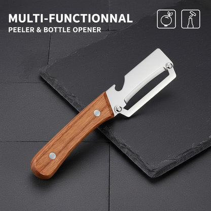Sakerplus Multifunctional Vegetable Peeler - Premium Stainless Steel Blade with Wooden Handle & Bottle Opener