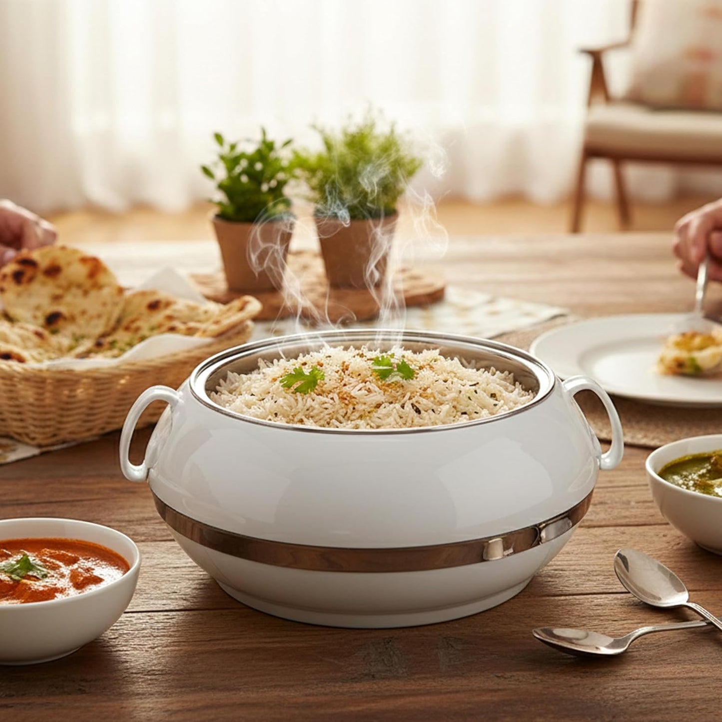 T TABAKH Golden Crest Insulated Casserole Dish with Lid Hot Pot Food Warmer/Cooler - Thermal Soup, Salad Serving Bowl - Stainless Steel Container - Keeps Food Hot & Cold (White, 2300ml, 3500ml, 5000ml)