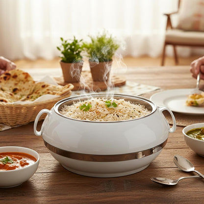 T TABAKH Golden Crest Insulated Casserole Dish with Lid Hot Pot Food Warmer/Cooler - Thermal Soup, Salad Serving Bowl - Stainless Steel Container - Keeps Food Hot & Cold (White, 2300ml, 3500ml, 5000ml)