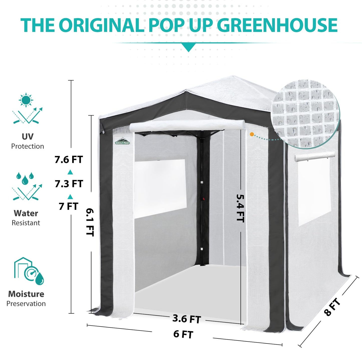 EAGLE PEAK 8x6 Portable Walk in Greenhouse with Polyester Reinforced Corners, Instant Pop Up Indoor Outdoor Gardening Green House, Roll Up Zipper Entry Doors and Mesh Windows, Gray/White