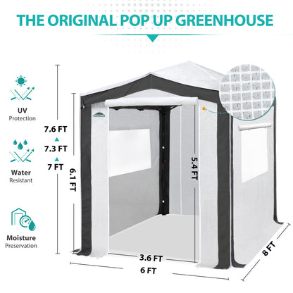 EAGLE PEAK 8x6 Portable Walk in Greenhouse with Polyester Reinforced Corners, Instant Pop Up Indoor Outdoor Gardening Green House, Roll Up Zipper Entry Doors and Mesh Windows, Gray/White