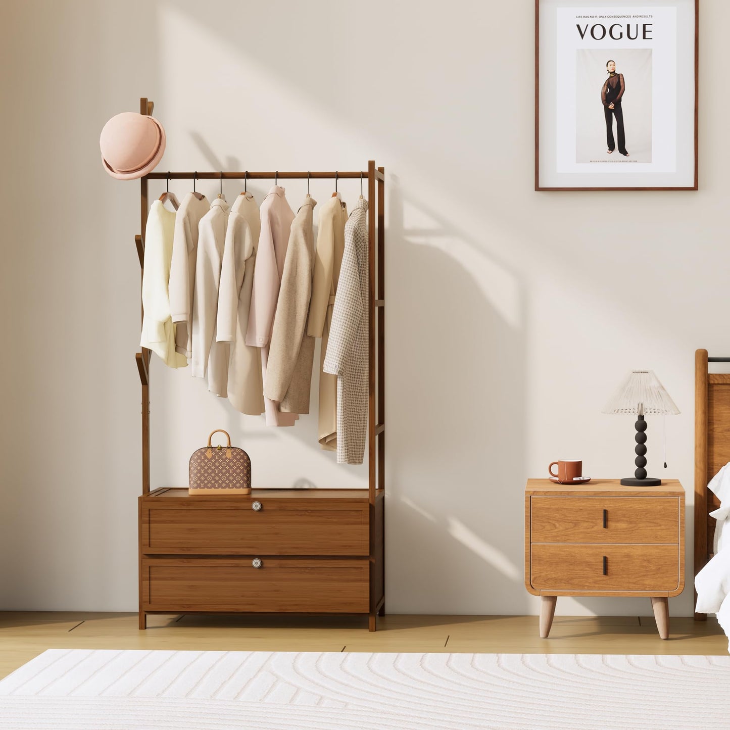 BambooCrafts Upgraded Hanging Rack Clothing Rack with Drawers,Solid Thickened Clothes Racks with Shelves,27.6inch Width Closet with Drawers,Clothes Racks for Hanging Clothes,Short Closet Dresser