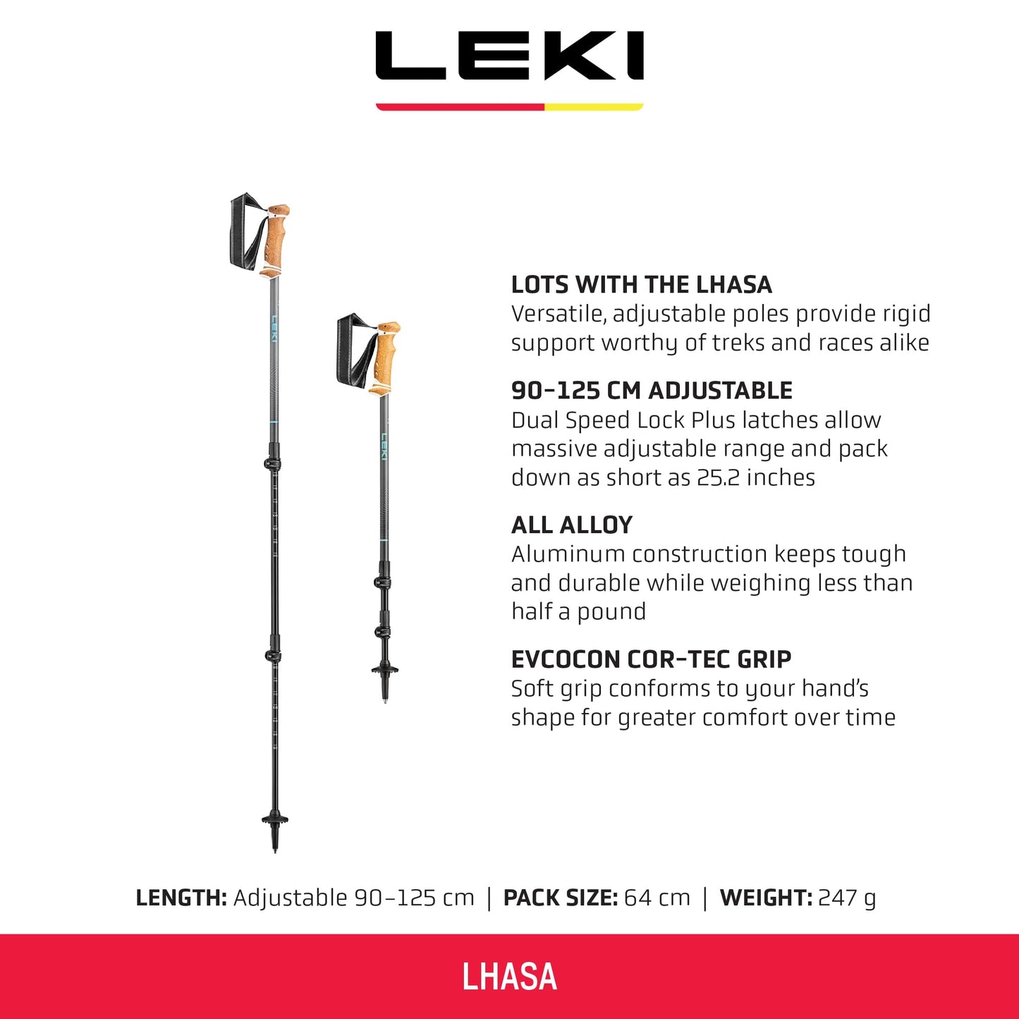 LEKI Lhasa Aluminum Adjustable Lightweight Walking Poles for Trekking & Hiking - Lightblue-Anthracite-White - 90-125 cm