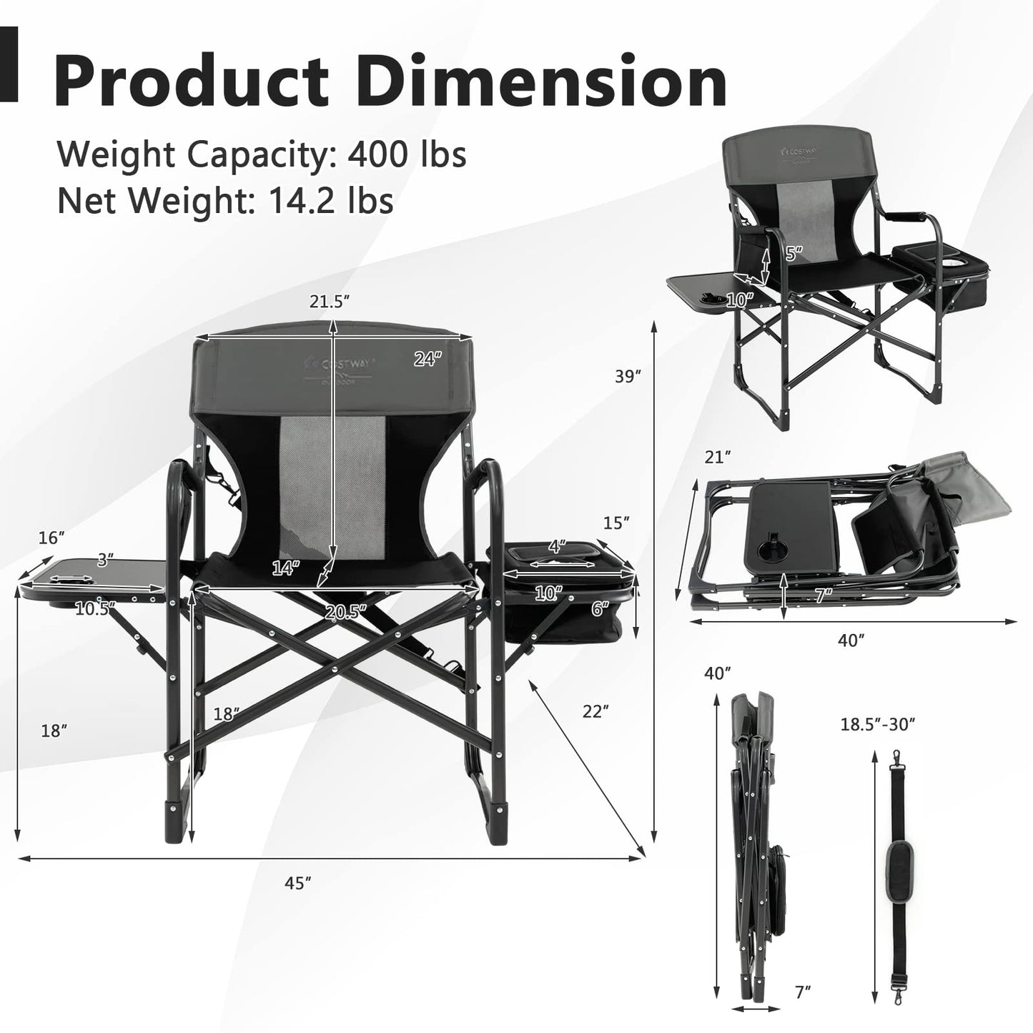 COSTWAY 2-Pack Folding Camping Chair, Heavy-Duty Director Chair Supports 400lbs for Adults with Side Table, Cooler Bag, Storage, Strap, Portable Makeup Chair Set of 2 for Fishing Picnic, Black