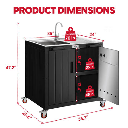 Feasto Outdoor Kitchen Island with Stainless Steel Sink and Storage Cabinet, 35-Inch BBQ Prep Station with Faucet & Lockable Wheels for Patio, Backyard, and Outdoor Cooking, Black & Silver