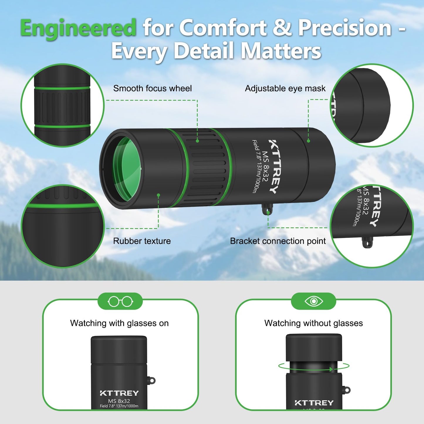 KTTREY 8x32 Monocular Telescope for Adults, High Power BAK4 Prism FMC Coating IPX7 Waterproof Compact Scope for Bird Watching Hunting Hiking Travel Gift with Carrying Case