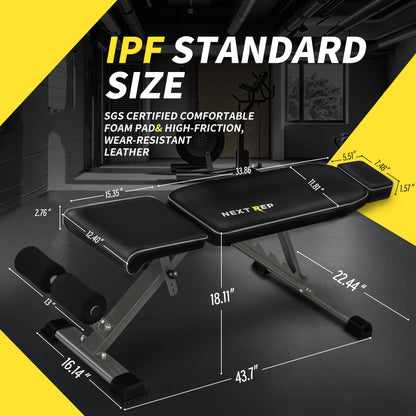 Adjustable Weight Bench,1000 LB Fast Folding Workout Bench for Home Gym Strength Training, Incline Decline Flat Utility Bench Press for Full Body Workout, Upright Storage Yellow Exercise Bench (Grey)