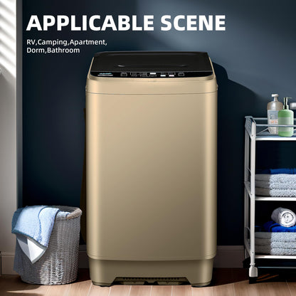 Qhou Full-Automatic Washing Machine, 15.6lbs Capacity Portable Washer, with Drain Pump, LED Display/8 Water Levels Selections/10 Programs Compact Laundry Washer for RV, Camping, Apartment, Dorm（Gold)