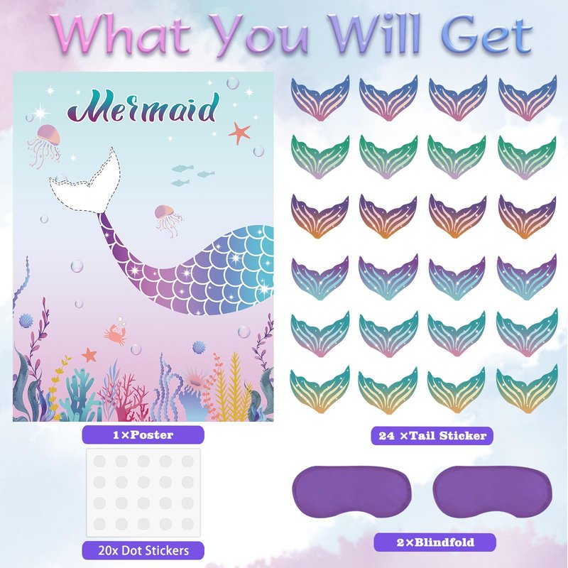 Pin The Tail on The Mermaid Party Game with 24 PCS Tails for Kids Girls Birthday 21'' x 28'' (Mermaid)