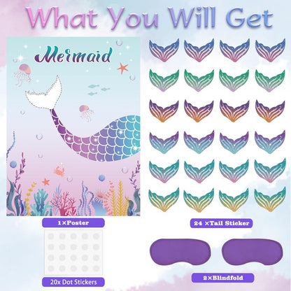 Pin The Tail on The Mermaid Party Game with 24 PCS Tails for Kids Girls Birthday 21'' x 28'' (Mermaid)