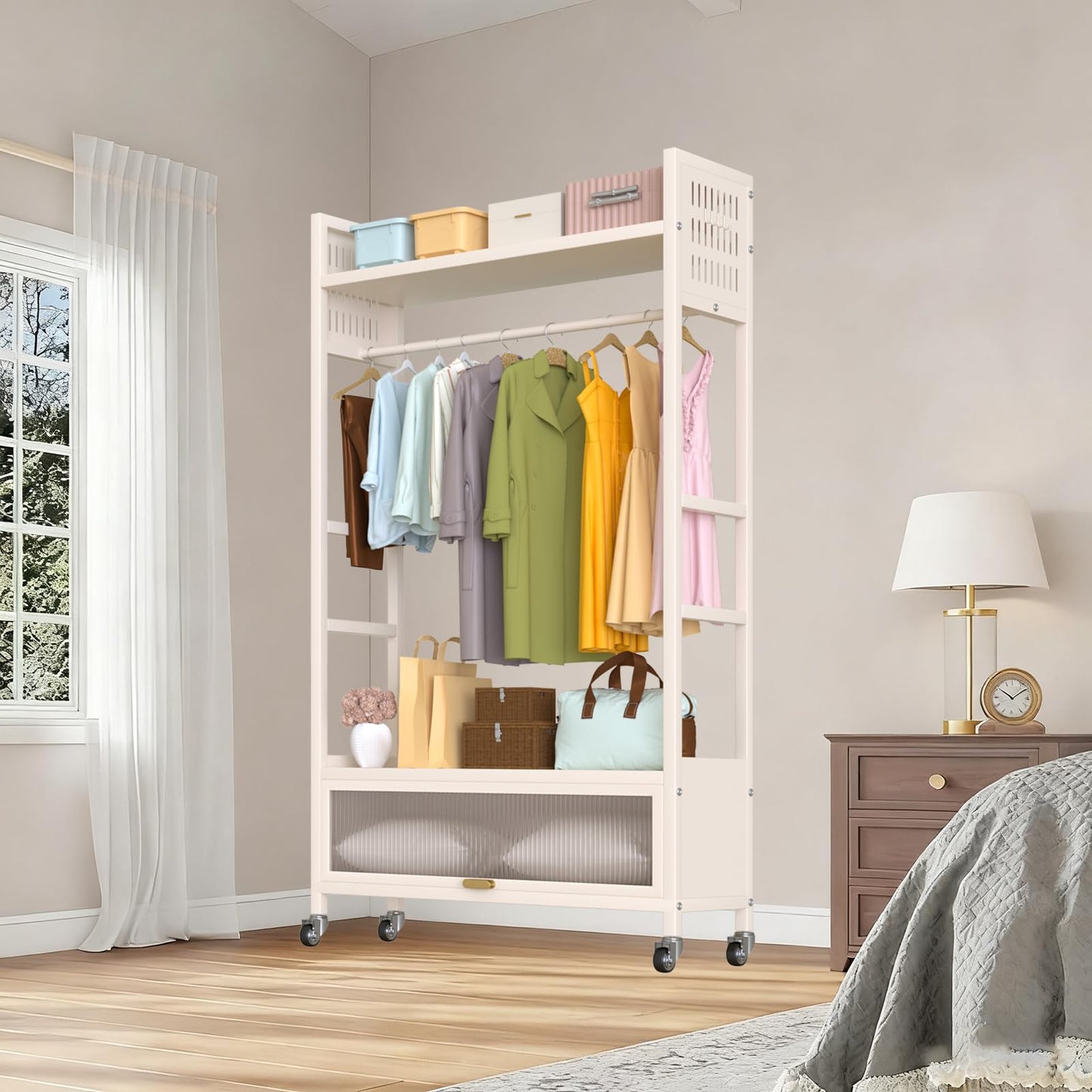 Freestanding Garment Rack, Portable Clothing Rack with Wheels and 4 Hooks, Rolling Organizer for Hanging Clothes and Storage, Wardrobe Shelves for Bedroom Living Room Home (Milky white, 100CM)