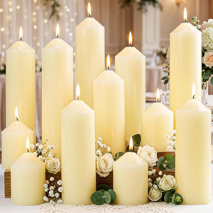 12 Packs Ivory Pillar Candles for Centerpiece, 2x3 2x6 2x8 Inch, Classic Unscented Wedding Candles for Hurricane, Dripless and Smokeless Candles for Party, Home Decor, Mantels