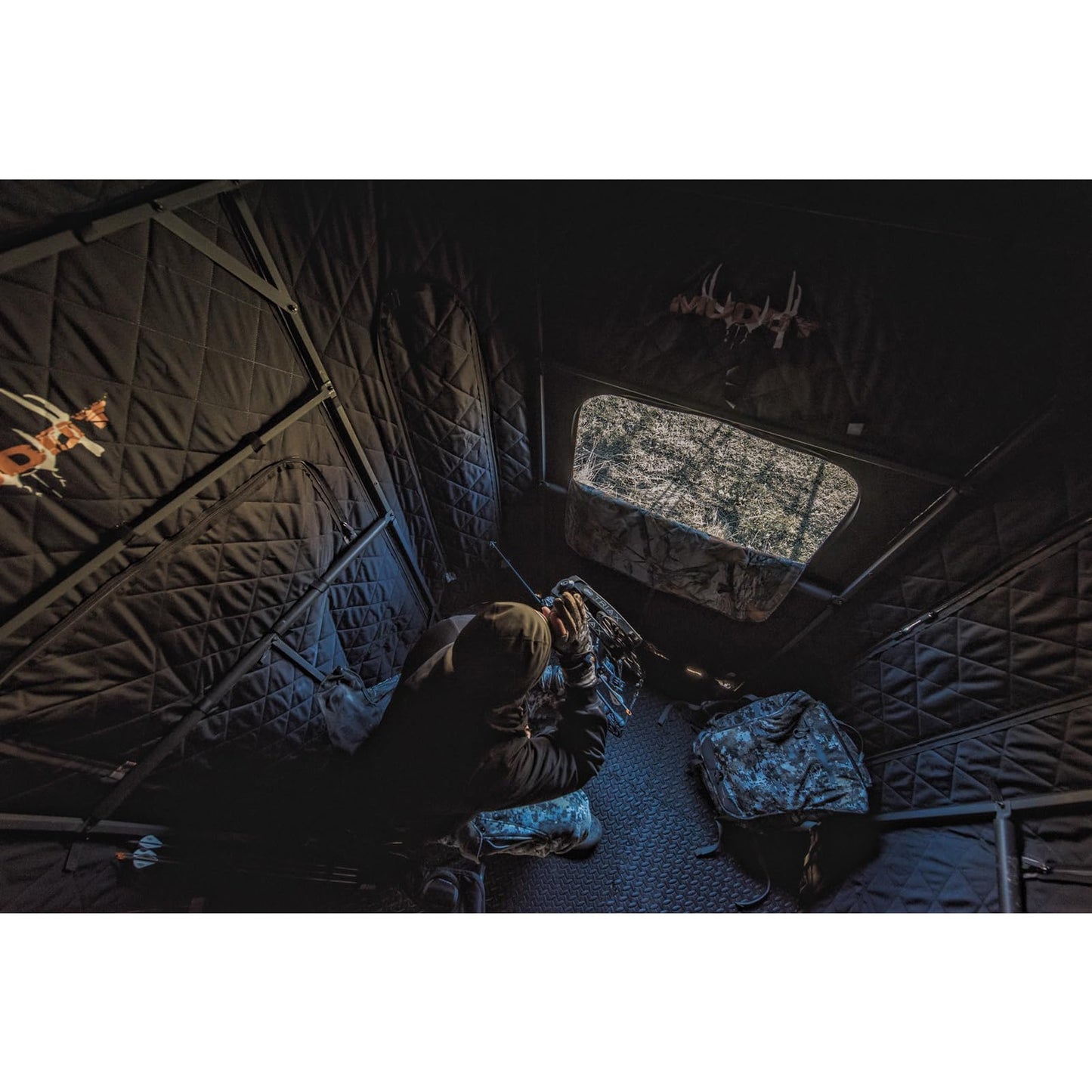 Muddy Soft Side 360 Resistant Heavy-Duty Powder Coated Steel Hunting Blind - Insulated Fabric Walls, Floor Pad, Silent Zipper Window System w/Sliding Mesh Backing - 10ft Deluxe Tower Platform