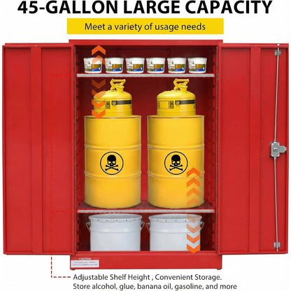 45 Gallon Flammable Safety Cabinet, Industrial Yellow Steel Storage for Flammable Liquids, 2 Adjustable Shelves, Double-Wall Fireproof Cabinet with Manual Close Doors & Vents - Red