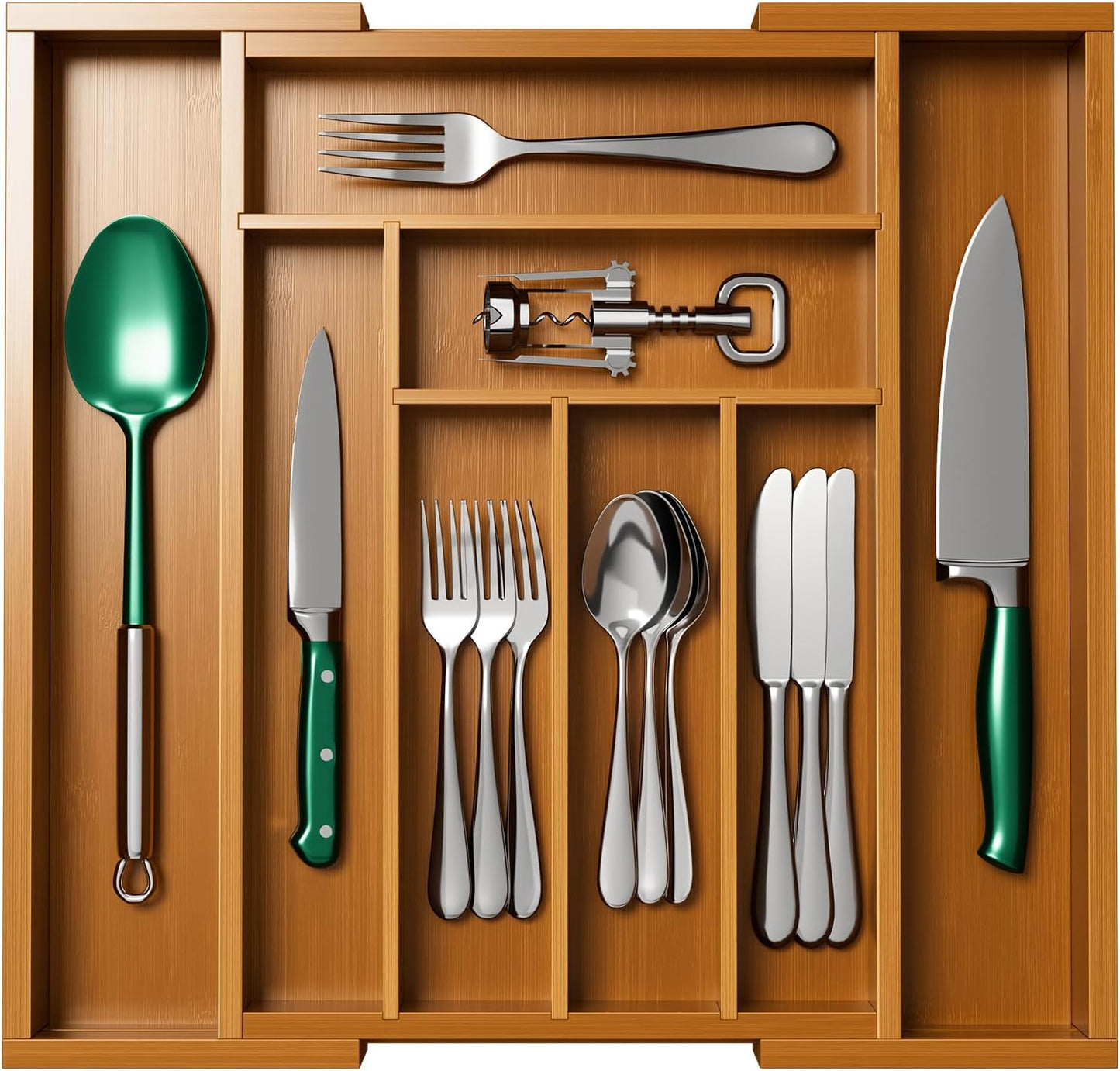 Pipishell Bamboo Expandable Drawer Organizer - Adjustable Silverware & Utensils Holder | Brown