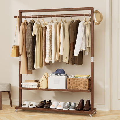 Wamhom Solid Wood Clothes Rack with Wheels | 3-in-1 Freestanding Garment Rack & Coat Tree, Extra-Long Rod, Two Shelves, 220 lb Load | Organizer for Bedroom & Entryway