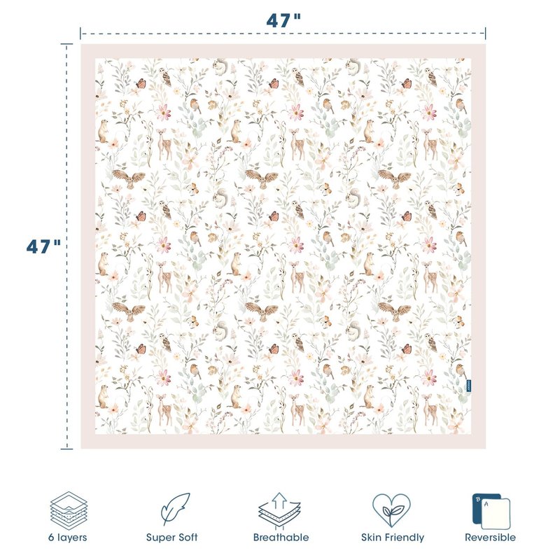 GRSSDER Muslin Cotton Quilt Blanket - Silky Soft and Breathable Baby Blanket Quilt, Oversized Muslin Blankets for Newborns, Toddlers & Kids, 6 Layers Reversible Design for All Seasons, 47" x 47"