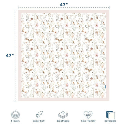 GRSSDER Muslin Cotton Quilt Blanket - Silky Soft and Breathable Baby Blanket Quilt, Oversized Muslin Blankets for Newborns, Toddlers & Kids, 6 Layers Reversible Design for All Seasons, 47" x 47"