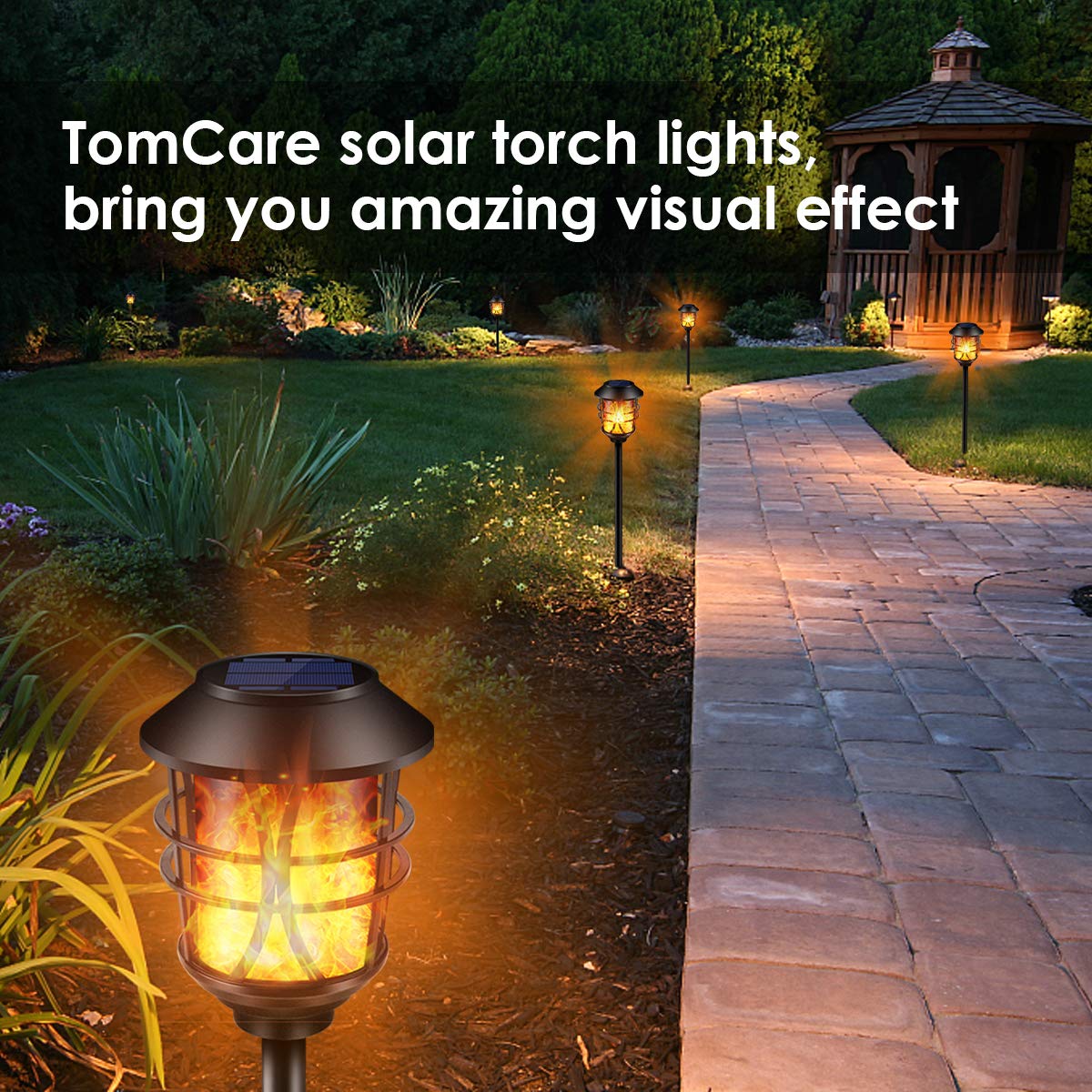TomCare Solar Outdoor Lights Metal Flickering Flame Torches Waterproof Heavy Duty Pathway Landscape Lighting Dusk to Dawn Auto On/Off for Garden Patio Yard, 4 Pack