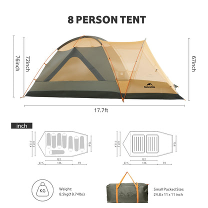 Naturehike KOTA 4/6/8 Person Camping Tent, Double Layer Waterproof 4 Person 6 Person 8 Person Tents for Camping, Large and Tall Family Tent with Vestibules Porch