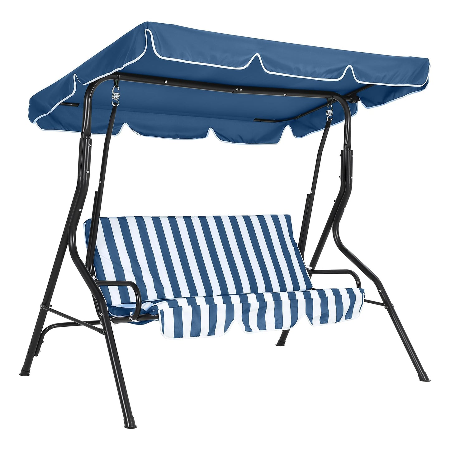Outdoor Patio Swing Chair with Adjustable Canopy 3-Seat Heavy-Duty Steel Frame Porch Swing with Stand Thick Waterproof Cushions for Garden Backyard Lawn Front Porch