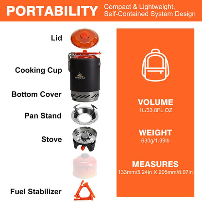KUNGKA Backpacking Stove Cooking System –110-Second Fast Boil, 2.2KW 7507BTU, 6-in-1 Integrated 1L Pot Set, 630g Ultralight, Piezo Ignition, Detachable Pan Stand for Hiking,Camping, Cooking,Hunting