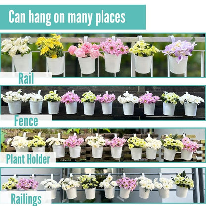 LaLaGreen 6 Inch Hanging Planter Iron - 10 Pack, White Large Metal Flower Pot Over Rail Balcony Railing Hanging Buckets for Plants Outdoor Fence Wall Herb Garden Succulent Outside Deck Patio Porch