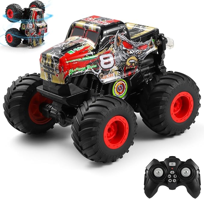 DYODYORC Remote Control Car 2.4Ghz All Terrain Monster Truck Toys RC Truck with Music 3 Lighting Effects 360 Stunt Capable 2 Batteries Ready to Run Toy Gifts for Boys and Girls (Red)