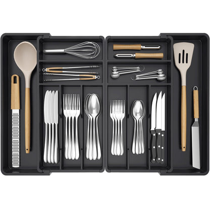 Lifewit Large Silverware Drawer Organizer, Expandable From 21 to 36 Inches, BPA Free Plastic Utensil Tray for Kitchen, Adjustable Flatware and Cutlery Holder for Spoons Forks Knives, Black