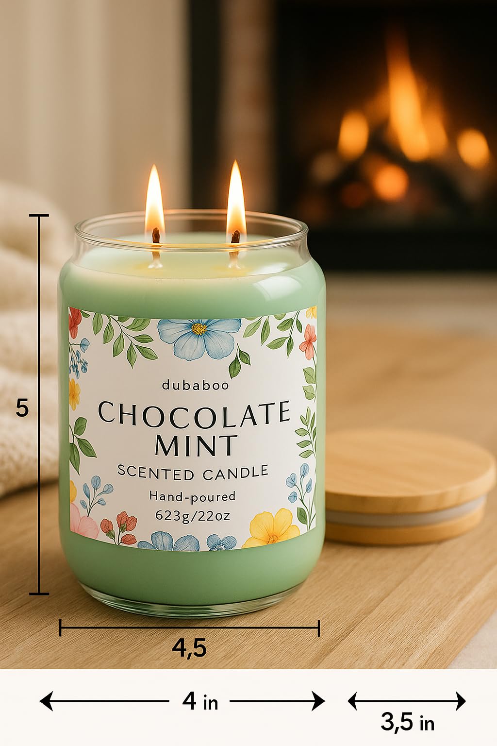 Large 22oz Soy Candle – Long Lasting 80+ Hour Burn, Hand Poured Clean Burning Scented Candle with Cotton Wick, Reusable Glass Jar – Chocolate Mint | DUBABOO