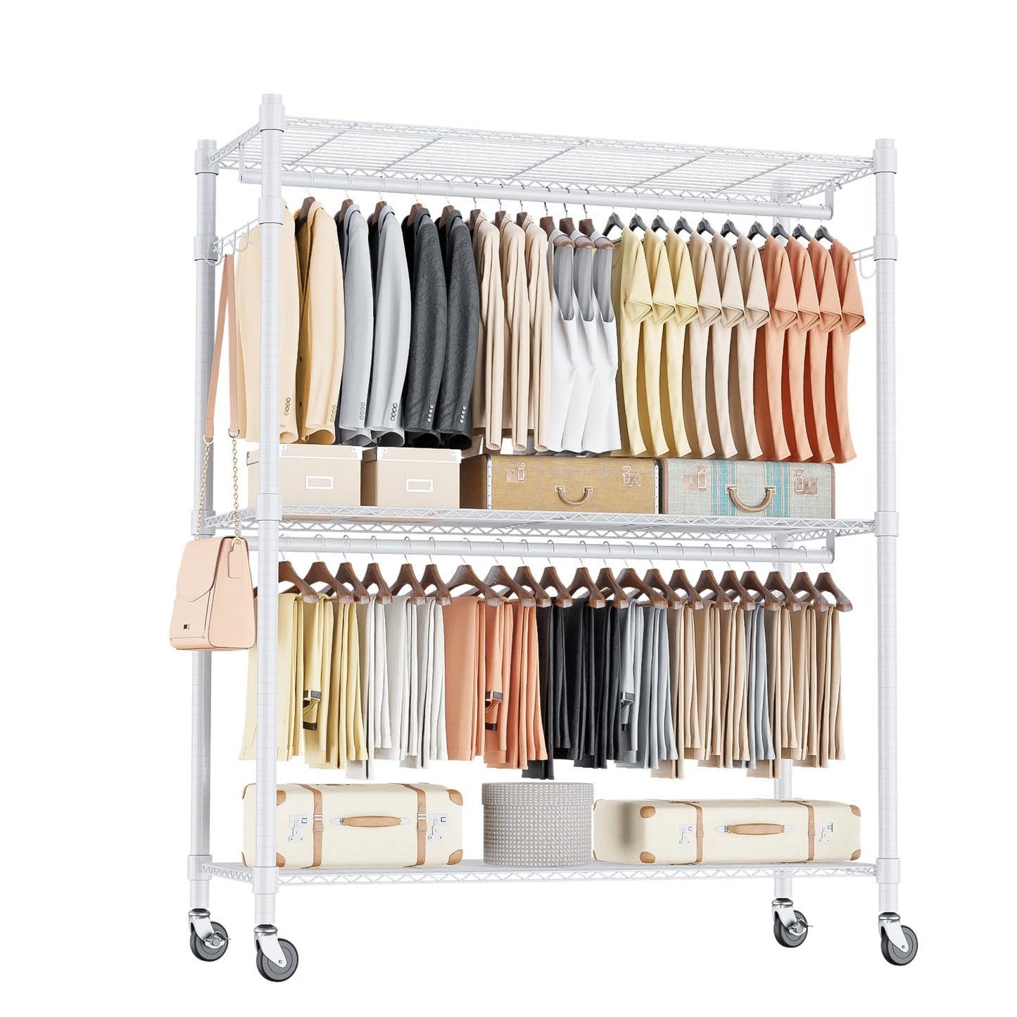 Homdox 3 Tier Garment Rack with Wheels, Portable Closets for Hanging Clothes Heavy Duty, Closet Racks and Shelving with Double Hanger Rods & Side Hooks, White