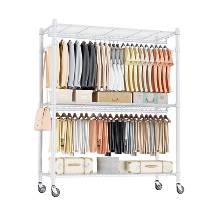 Homdox 3 Tier Garment Rack with Wheels, Portable Closets for Hanging Clothes Heavy Duty, Closet Racks and Shelving with Double Hanger Rods & Side Hooks, White