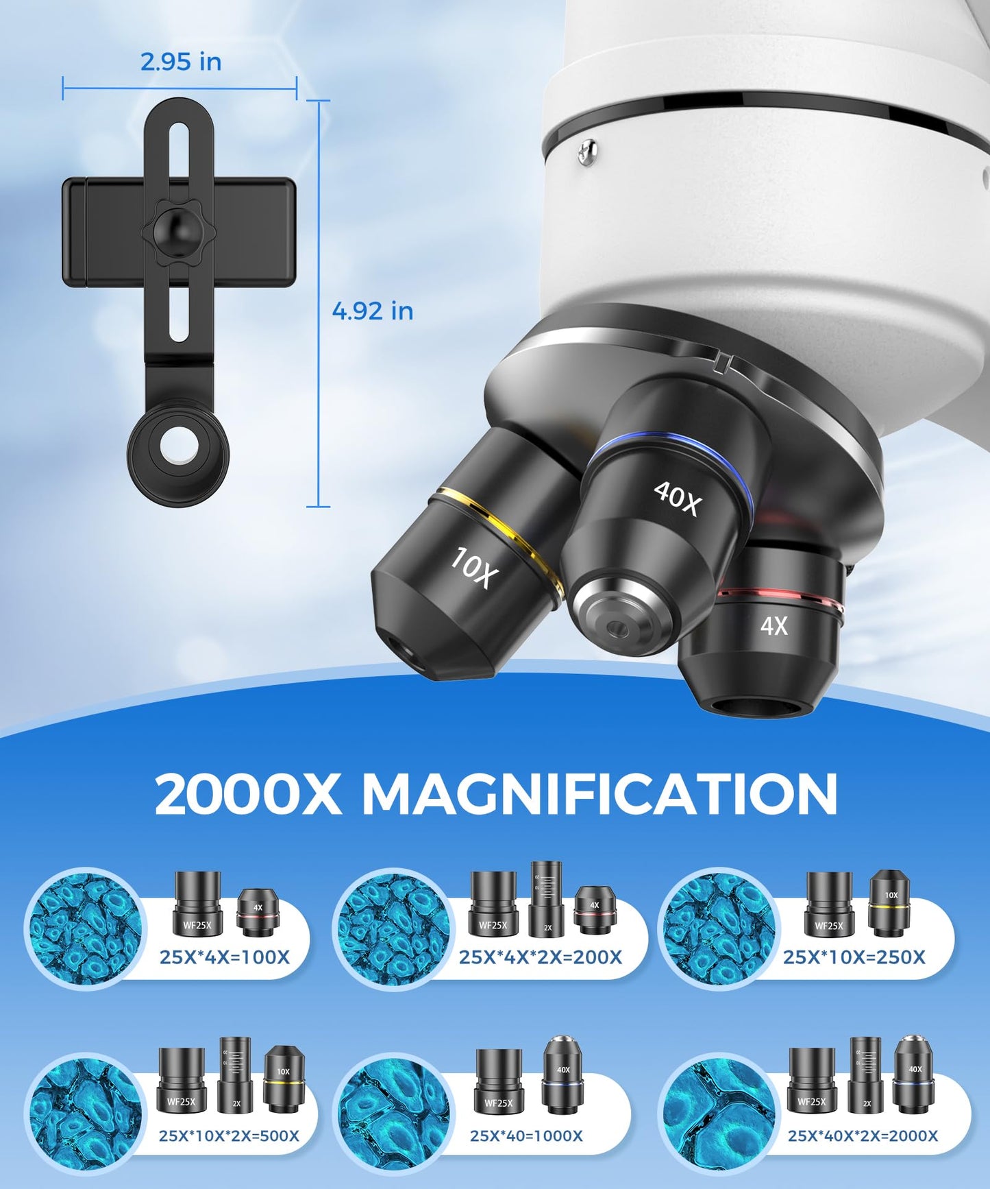 Compound Binocular Microscope for Adults, Professionals & Kids, 40X-2000X Magnification with LED Illumination, Mechanical Stage, WF10x & WF25x Eyepieces，Compatible for Lab, School, Home Education