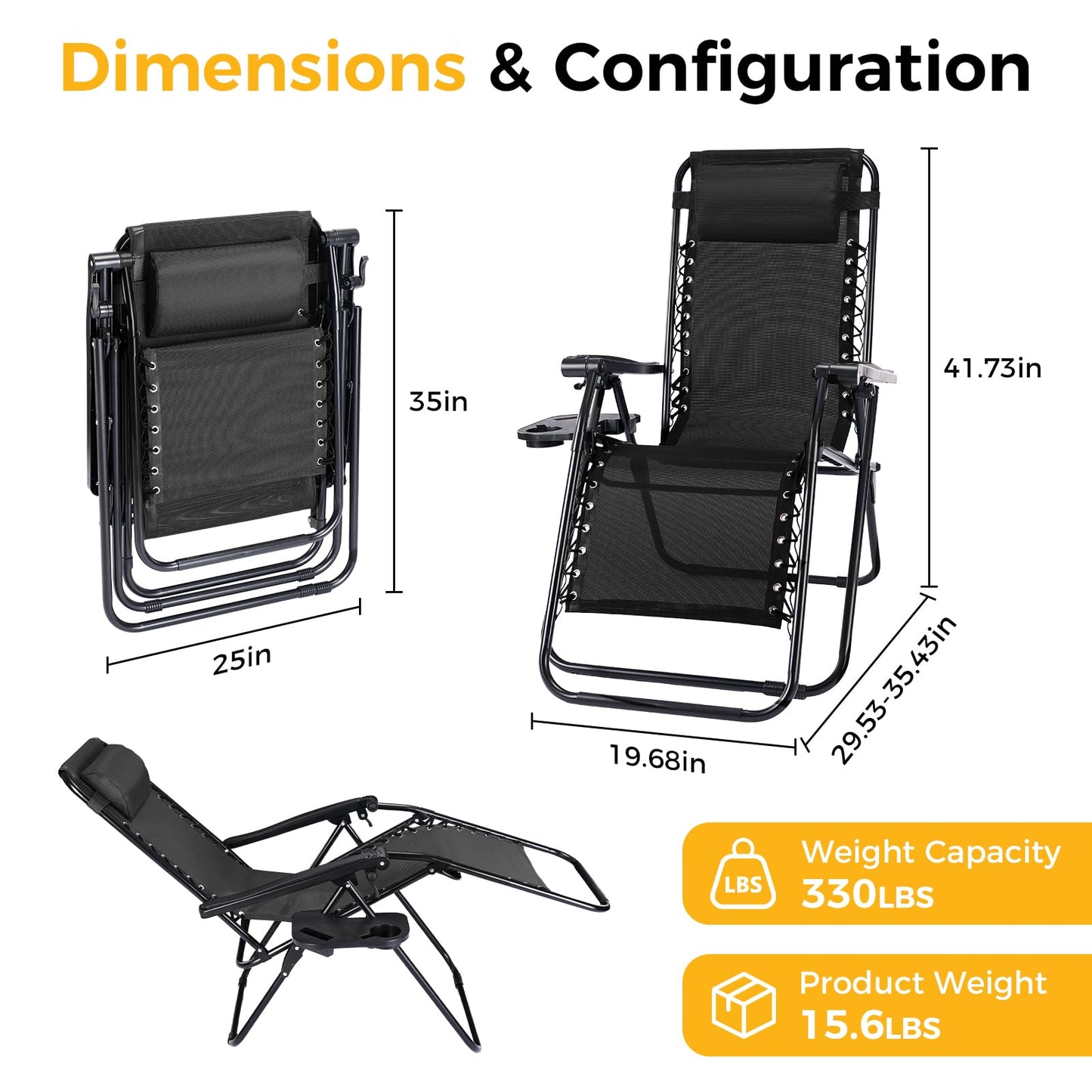 Alpen Zero Gravity Lounge Chair Set of 2, Patio Chair Folding Lounge Chairs for Outside, Portable Camping Chairs with Pillow and Cup Holder, Outdoor Recliner for Beach Outdoor Camping, Black